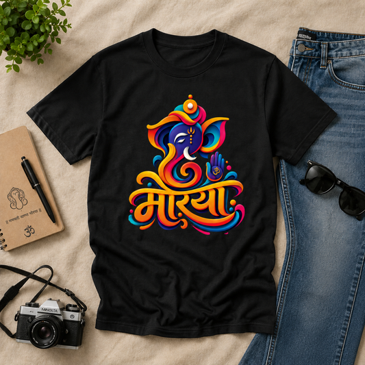 A black short-sleeve T-shirt laid flat on a beige fabric surface, featuring a colorful stylized Ganesha graphic with the word 'Mriya' in bold multicolor lettering. Surrounding props include blue jeans, sunglasses, a camera, a notebook with a pen, and a small plant.

