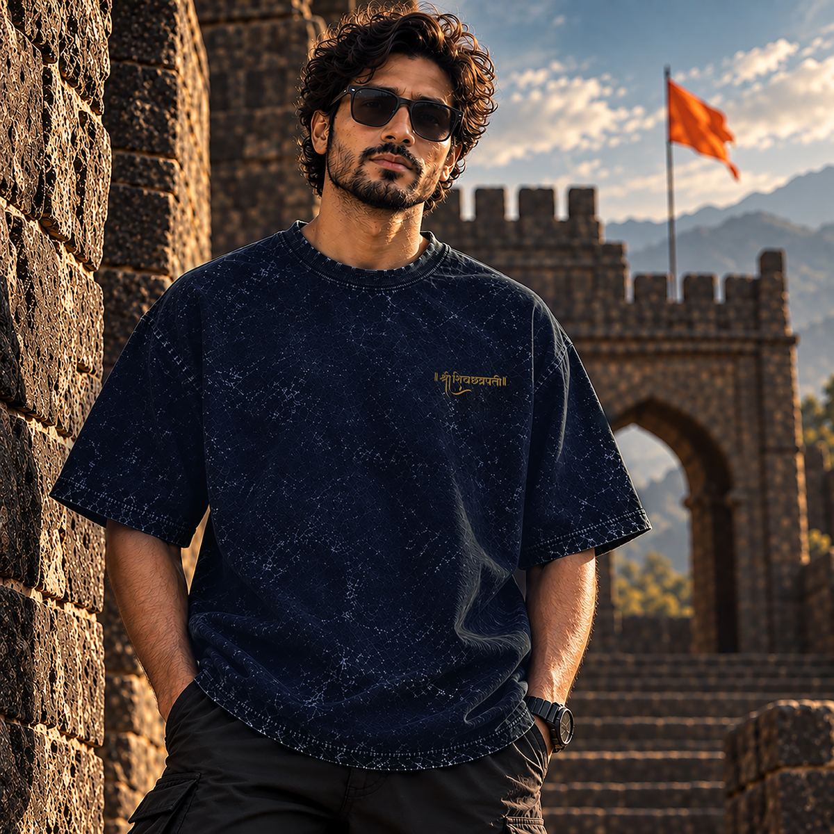 A man wearing a dark navy blue t-shirt with a subtle tie-dye pattern and a small gold graphic on the left chest, standing in front of a stone fortress wall with mountains and a flag in the background.

